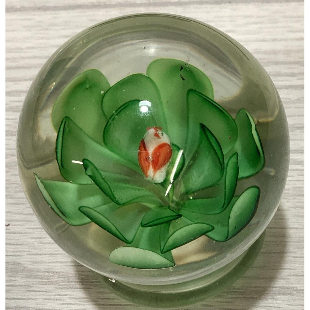 Art Deco Glass Paperweight 2.5x2.75" Green & Red Bird Perched on Green Leaves